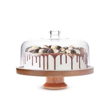 Imagem de Crazy huayi Suporte de bolo de madeira com tampa, suporte de bolo de acácia com cúpula de vidro, suporte de sobremesa versátil com pedestal magnético forte, suporte de bolo para aniversário/cozinha