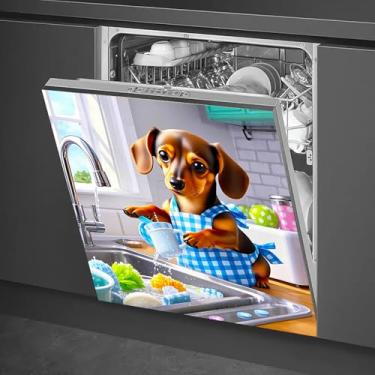 Imagem de HOMETITUTE Capa magnética para lava-louças 58 x 66 cm Engraçado Dachshund Dog Washing Dishes em avental guingão capa magnética para lava-louças para decoração de utensílios de cozinha, painel frontal