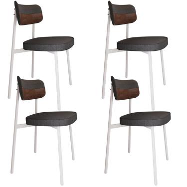 Imagem de Kit 04 Cadeiras Estofada Para Sala de Jantar Astrid Branco C01 Linho Preto Courino Whisky - Lyam Decor
