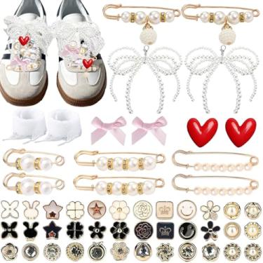 Imagem de Thyrhntr Berloques para sapatos femininos, 51 peças contêm laço de renda pérola DIY kit de berloques de roupas, sapatos, joias, alfinetes de segurança para meias de lixo Sambas Natal, Medium, Liga de