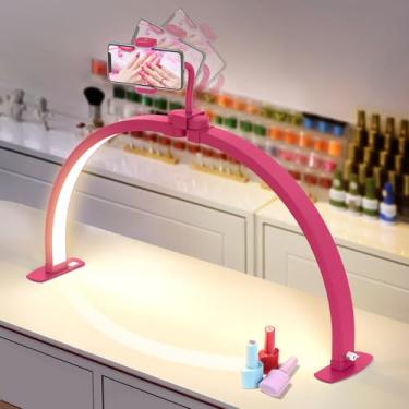 Imagem de Yokilly Luz de meia lua para mesa de unhas: Lâmpada de mesa dobrável de meia lua de 73 cm com suporte de telefone para iniciantes - Luz tecnológica de unhas em arco com 3 modos de cores e 10 brilho