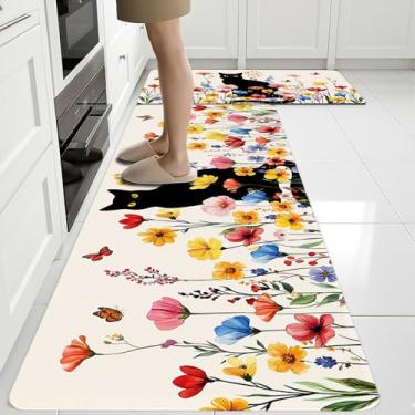 Imagem de Tapetes para chão de cozinha, tapetes antifadiga para piso de cozinha antiderrapantes, 2 peças de tapete de cozinha de borracha, tapete lavável acolchoado de flores de gato preto para pia de