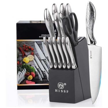 Imagem de Conjunto de Facas em Aço Inoxidável com Bloco de Bancada e Afiador Embutido, 14 Peças, HISSF, Prata