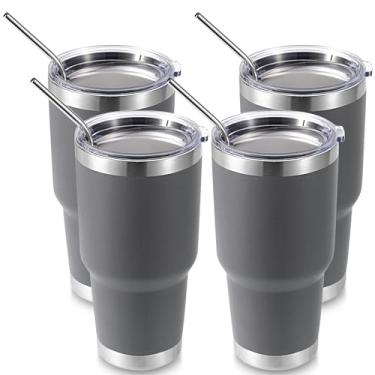 Imagem de Volhoply Caneca isolante de 900 ml com tampa e canudo pacote com 4, canecas de café de viagem de parede dupla para bebidas quentes/frias, cabe em porta-copos de carro, sem BPA (cinza, 4