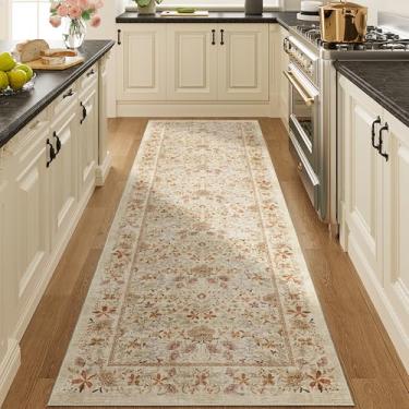 Imagem de DOKINO Tapete de corredor 5 x 25 cm para corredor, tapete de cozinha longo vintage lavável com design de pilha baixa, tapete floral antiderrapante macio para corredor, cozinha, banheiro, quarto, bege