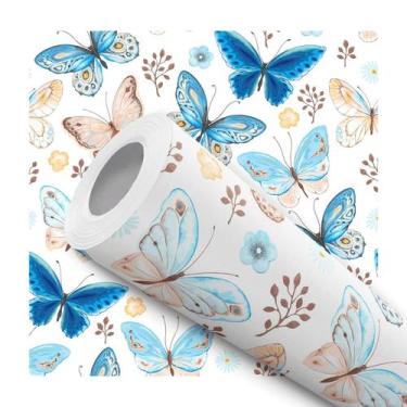 Imagem de Papel de Parede Adesivo Borboleta Azul Bege Delicado Infantil Bebê Mod