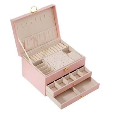 Imagem de Porta Joia Grande Dupla Camada Multifuncional Couro com Chave (rosa(2gavata))