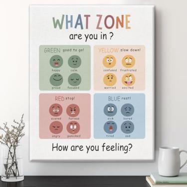 Imagem de Decoração de arte de parede Calm Down Cant, Pintura em tela emoldurada com gráfico de sentimentos, imagem de impressões de zonas de regulação, decoração de sala de aula de saúde mental, 20 x 25 cm