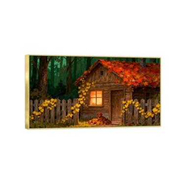 Imagem de BMZFYBS Imagem de paisagem de parede de outono - casa de árvore - impressões em tela vintage - pintura com moldura dourada para sala de estar decoração de casa de fazenda 40 x 72 cm 16 x 28 pol
