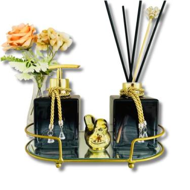 Imagem de Kit Lavabo Banheiro Com Difusor Saboneteira e Bandeja Super Luxo Preto