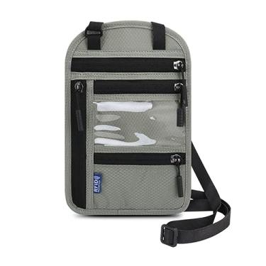 Imagem de Carteira de pescoço com bloqueio de RFID – Porta-passaporte com vários bolsos, bolsa de viagem de nylon, Cinza militar, Carteira de pescoço com bloqueio de RFID – Suporte para passaporte com vários