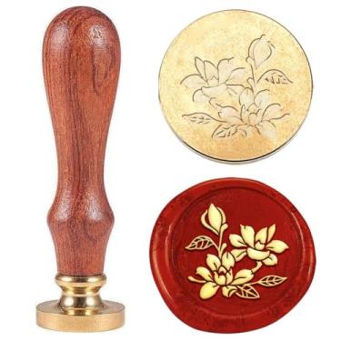 Imagem de 1 carimbo vintage de cera de flor selo de magnólia para presente de Natal 25 mm cabeça de carimbo de latão removível com alça de madeira para decoração de garrafa de presente de cartão de convite de