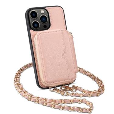 Imagem de Capa de telefone crossbody com zíper carteira para iPhone 15 Pro Max 14 Plus 13 Pro espelho metal corrente cordão porta cartão capa de couro, rosa, para iPhone15pro