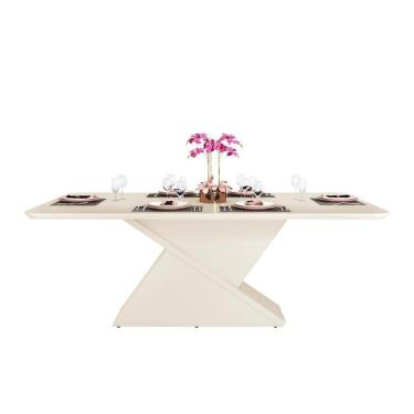 Imagem de Mesa Para Cozinha Zafira + Tampo Madeirado Vidro Curvo 200x100cm Off White - Dj Móveis