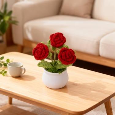 Imagem de JINGYAN Fio tricotado feito à mão três cabeças rosa pequeno vaso planta simulação rosa ornamento de mesa adequado para dar como um presente para amigos, familiares, entes queridos e professores