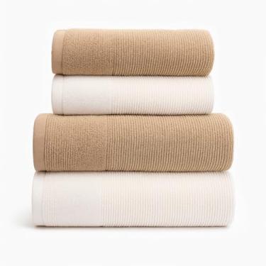 Imagem de Jogo de Toalhas de Banho Gigantes e Macias 4 Peças 100% Algodão Super Luxo – Alta Absorção e Conforto Premium (Branco + Bege)