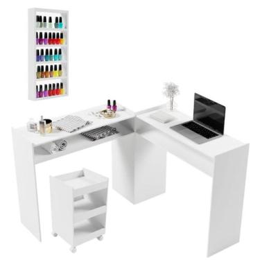 Imagem de 2 Mesas Manicure Carrinho Auxiliar Expositor Branco Nail Designer Salõ