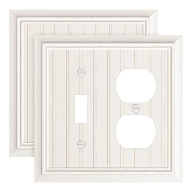 Imagem de Pacote com 2 placas clássicas para interruptores de luz/interruptor de luz duplex, placa de cobertura de tomada de amêndoa clara, capa decorativa de receptáculo de parede de fibra de bambu natural