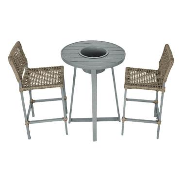 Imagem de Conjunto Bistrô Champanheira Cinza Tampo Ripado E 2 Banquetas França Corda Náutica Rami - Cor: Bege