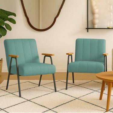 Imagem de Poltrona Sala Decorativa Industrial Preto Kit 2 Laurita Linho K01 - D'rossi Cor Verde Menta