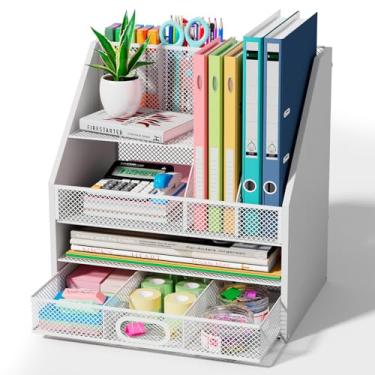 Imagem de Homsorout Organizador de mesa de madeira – Organizador de arquivos de malha com gavetas e suporte de caneta – Bandeja vertical de 4 camadas para armazenamento de cartas, organizadores de mesa e