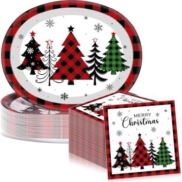 Imagem de Mimorou Conjunto de pratos e guardanapos de papel de Natal com 100 peças, xadrez vermelho, conjunto de utensílios de mesa descartáveis, pratos ovais de Natal, 25,4 x 30,5 cm, para Natal, inverno