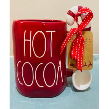 Imagem de RAE- Caneca de cerâmica de cacau quente, vermelho com texto branco, colher de bengala doce, tema de Natal