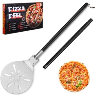 Imagem de Torneamento de casca de pizza de 20 cm, virador de pizza perfurado Joyfair com alça longa removível, espátula de aço inoxidável para deslizamento giratório, ferramentas de metal, acessórios de forno