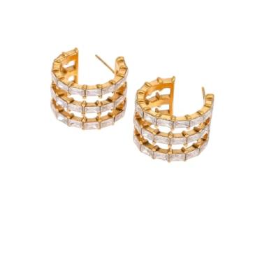 Imagem de Brincos femininos de zircônia branca em forma de C em aço inoxidável banhado a ouro 18 quilates - Brincos de argola modernos, presente elegante para uso diário ou eventos especiais