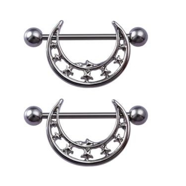Imagem de Niaspi 2 peças de anéis de mamilo de estrela da lua para mulheres, minimalistas, aço inoxidável, estrelas crescentes, piercing de mamilo, barra, piercing de barra, piercing de mamilo, joia de piercing