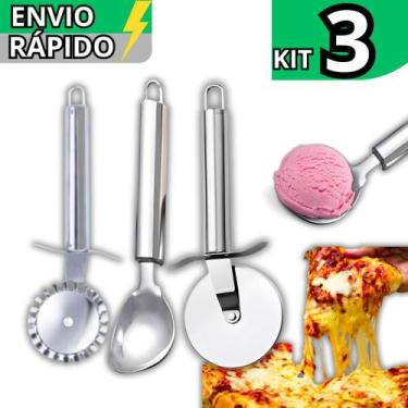 Imagem de Kit 3 Utensílio Cozinha Inox Colher Sorvete Cortador de Pizza e Cortad
