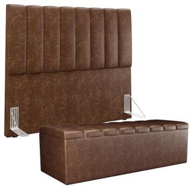Imagem de Kit Cabeceira Cama Box Casal 140cm Calçadeira Recamier Baú Dália W01 Couríssimo Marrom - Lyam Decor