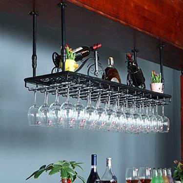Imagem de Taças de vinho penduradas no teto Suporte de copo de champanhe de vinho de altura ajustável Suporte de garrafa de vinho rack de vinho de metal para cozinha bar balcão de pub (tamanho: 120 × 30 cm)