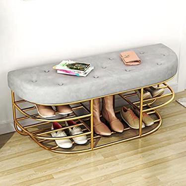 Imagem de Banco de sapato estofado moderno, sapateira de metal com decoração de assento de veludo, móveis de sala de estar, cinza, 100 x 35 x 45 cm