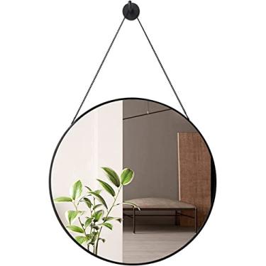 Imagem de Espelho de banheiro montado na parede, espelho redondo para banheiro, espelho de parede para sala de estar, espelho de vaidade com moldura de metal com corrente, com gancho, espelho à prova de