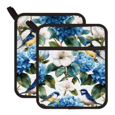 Imagem de FREEBLOSS 2 peças de suporte de panela 100% algodão resistente ao calor almofadas quentes de forno para cozinha assar luvas de cozinha, flores de hortênsia azul padrão de pássaro 7,9" x 9,4"/20 x 24