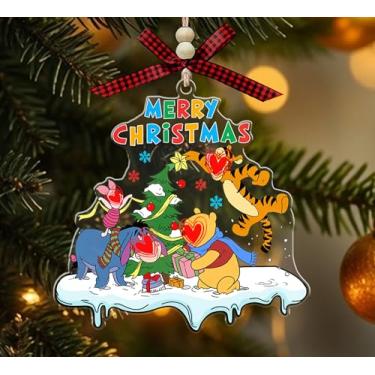 Imagem de Urso e Amigos Enfeite de Acrílico de Natal, Decoração de Árvore de Feriado, Urso, Desenho Animado, Burro, Tigre, Porco, Presente para Crianças, Meninos e Meninas (com Laço Vermelho e Contas de Madeira