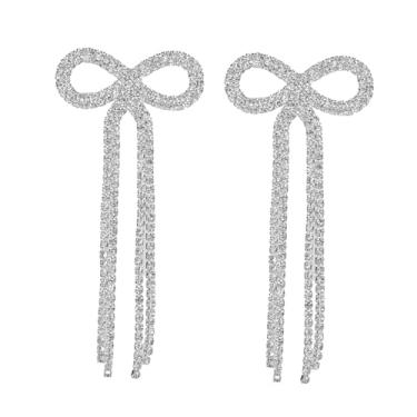 Imagem de Brincos pendentes de borla longa com laço de zircônia cúbica de luxo para mulheres, corrente de cristal, laço e laço pendurado, casamento, noiva, joias delicadas de Natal, Standard, Metal Cristal, Sem