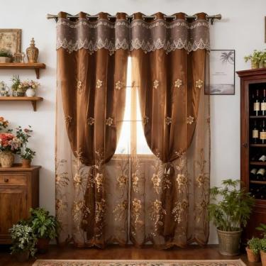 Imagem de Amidoudou 1 par de cortinas europeias de camada dupla para sala de estar, quarto, cortinas bordadas de flores luxuosas com saia (marrom, 132 x 239 cm)
