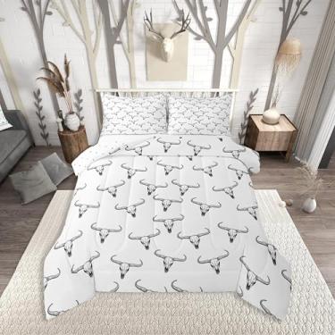 Imagem de Erosebridal Conjunto de edredom solteiro étnico boêmio com caveira, tribal, vida selvagem, asteca, decoração de quarto, cabana de fazenda, com 1 fronha, preto e branco