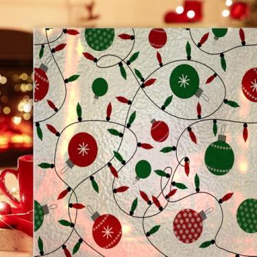 Imagem de Alwayspon Película de janela de vidro de Natal manchada não adesiva, adesivo de privacidade de vinil removível, película de vidro com controle de calor UV, luzes verdes vermelhas de 43 cm x 100 cm