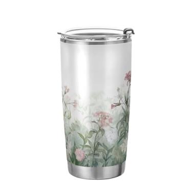 Imagem de xigua Copo de flores silvestres de jardim aquarela com tampa de palha, caneca de viagem a vácuo de parede dupla, caneca de café bem isolada, copo de aço inoxidável para bebidas quentes e frias, 600 ml