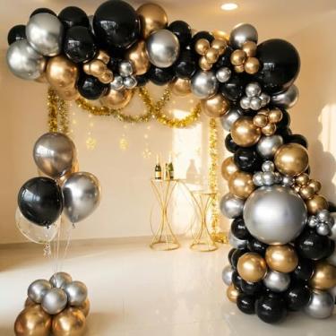 Imagem de Kit de arco de guirlanda de balões em ouro preto e prata, 111 peças metálico preto, conjunto de balões de látex prateado cromado para aniversário, ano novo, despedida de solteira, casamento, festa de formatura