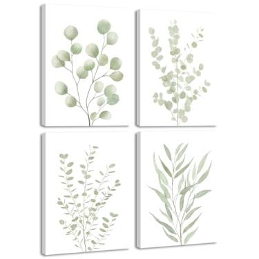 Imagem de Drsoum Arte de parede emoldurada de plantas botânicas, decoração de parede boho para banheiro, folhas de eucalipto, verde sálvia, minimalista, estética, pronto para pendurar, conjunto de 4, 20 x 25 cm