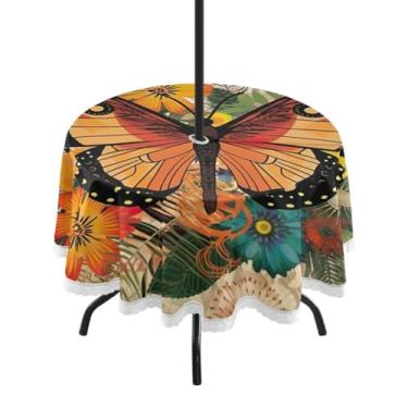Imagem de Blueangle Toalha de mesa redonda de borboleta laranja impermeável de 152 cm com orifício para guarda-chuva - Tecido resistente à prova de sol para todos os climas para pátio, acampamento, piquenique