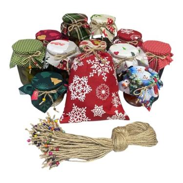 Imagem de 50 peças 100% algodão mistura de tecido tecido mistura de pano de cobertura de pote - 16,7 cm pano de cobertura de pote com 50 peças de corda de juta com contas e 1 peça % 100% algodão padrão de Natal