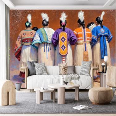 Imagem de Murais de parede de tamanho personalizado, cinco roupas tradicionais de mulheres nativas americanas, tecido de parede autoadesivo (sem PVC) Papel de parede grande removível para sala de estar, quarto