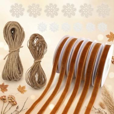 Imagem de IDONGCAI Conjunto de fita de embrulho de presente para decoração de Natal, fitas de veludo de 9,5 cm, flocos de neve, corda de juta/corda de cânhamo, para embrulho de presente, convites, decorações de