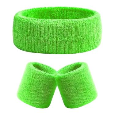 Imagem de 1 pacote com faixas de suor neon dos anos 80 para mulheres e homens, conjunto de faixa de cabeça e pulseiras elásticas verdes dos anos 80, faixas esportivas retrô para tênis, corrida, treino, academia