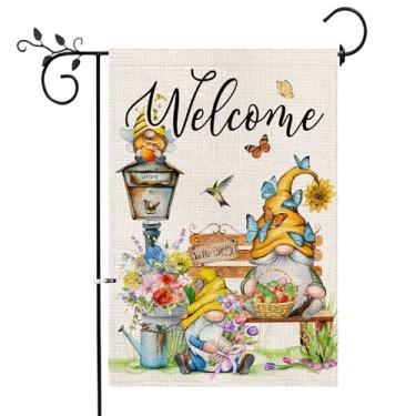 Imagem de Bandeiras de jardim de primavera, Welcome Hello Spring Gnomos Bandeira de jarda de serapilheira 30,5 x 45,7 cm, botas de flores de tulipa hortênsia margarida sazonal fazenda sinalização vertical de